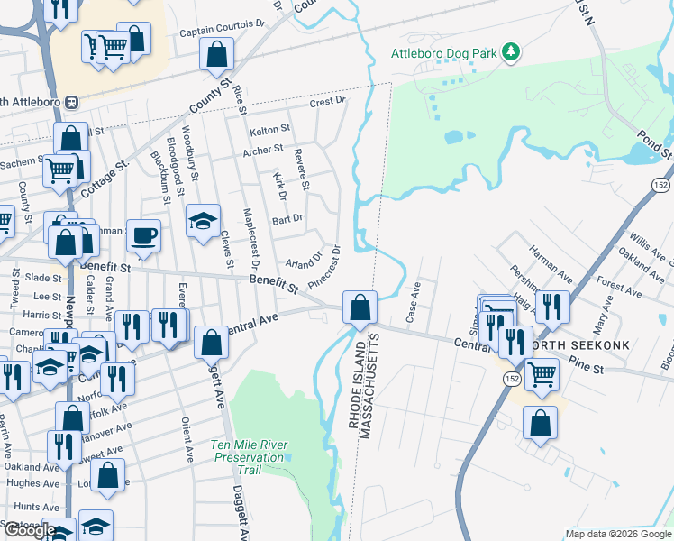 map of restaurants, bars, coffee shops, grocery stores, and more near 39 Pinecrest Drive in Pawtucket
