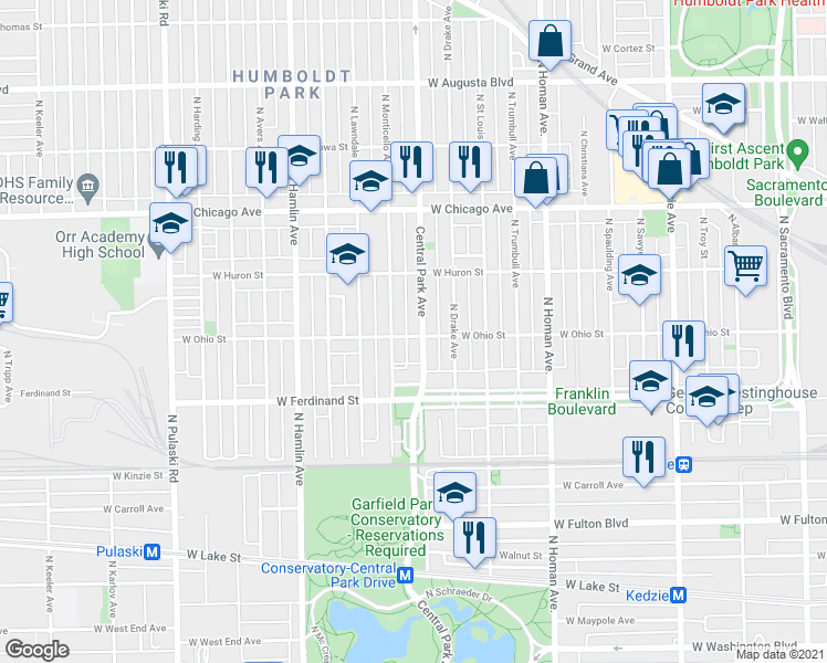 map of restaurants, bars, coffee shops, grocery stores, and more near 600 North Central Park Avenue in Chicago