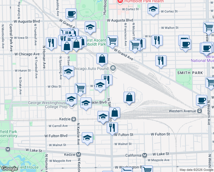 map of restaurants, bars, coffee shops, grocery stores, and more near West Ohio Street in Chicago