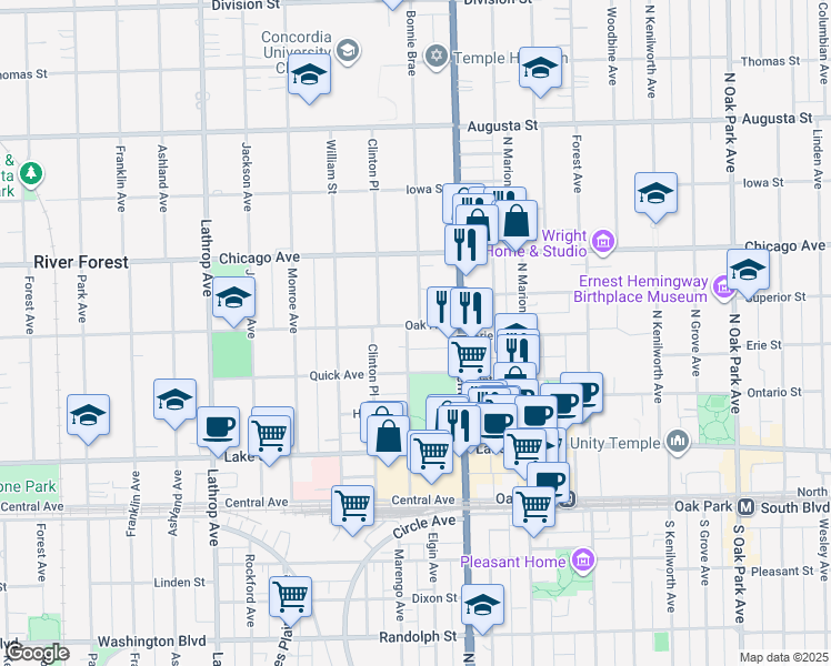 map of restaurants, bars, coffee shops, grocery stores, and more near 633 Bonnie Brae in River Forest