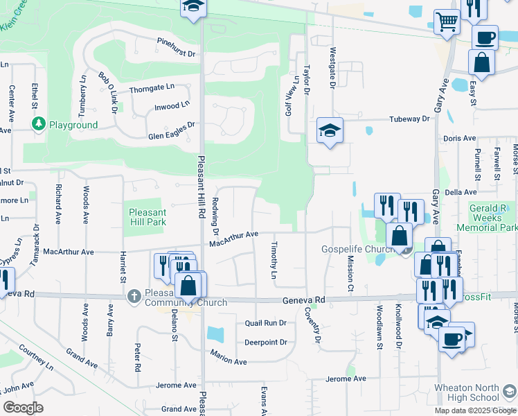 map of restaurants, bars, coffee shops, grocery stores, and more near 26W050 Gold Finch Court in Carol Stream