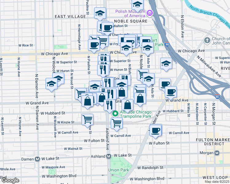 map of restaurants, bars, coffee shops, grocery stores, and more near 530 North Armour Street in Chicago