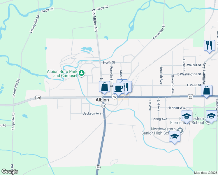 map of restaurants, bars, coffee shops, grocery stores, and more near 21 E Pearl St in Albion