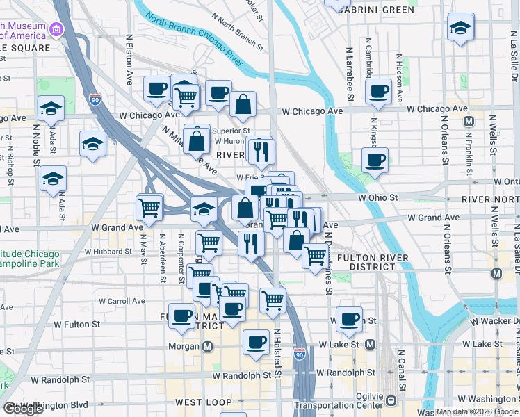 map of restaurants, bars, coffee shops, grocery stores, and more near 520 North Halsted Street in Chicago