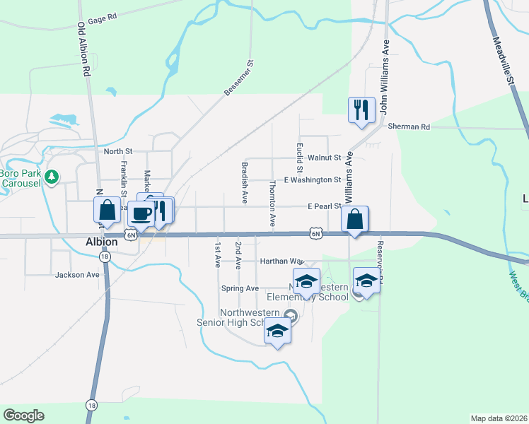 map of restaurants, bars, coffee shops, grocery stores, and more near 215 East Pearl Street in Albion