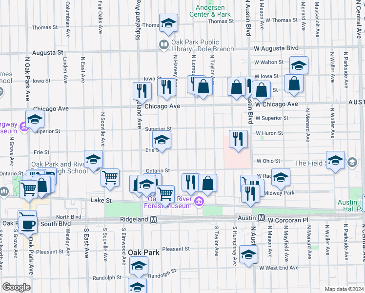 map of restaurants, bars, coffee shops, grocery stores, and more near 300 North Harvey Avenue in Oak Park