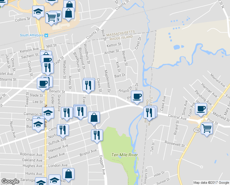 map of restaurants, bars, coffee shops, grocery stores, and more near 10 Rice Street in Pawtucket