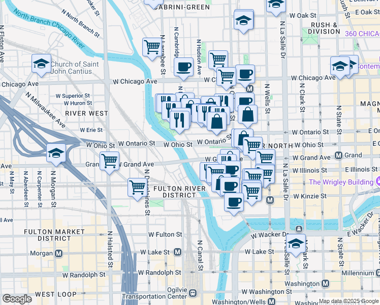 map of restaurants, bars, coffee shops, grocery stores, and more near 550 North Kingsbury Street in Chicago