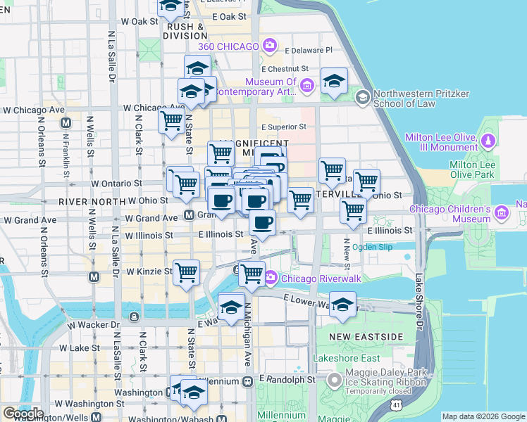 map of restaurants, bars, coffee shops, grocery stores, and more near 535 North Michigan Avenue in Chicago