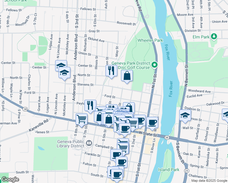 map of restaurants, bars, coffee shops, grocery stores, and more near 317 North 5th Street in Geneva