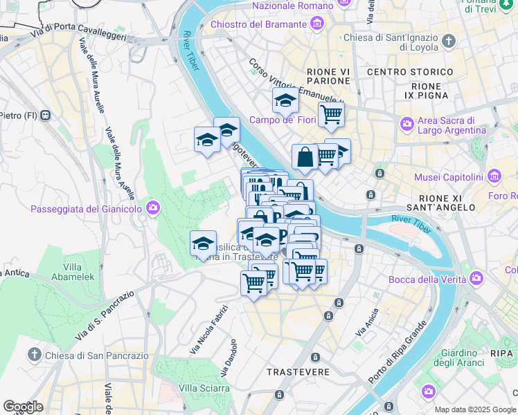 map of restaurants, bars, coffee shops, grocery stores, and more near 13 Via di Santa Dorotea in Roma