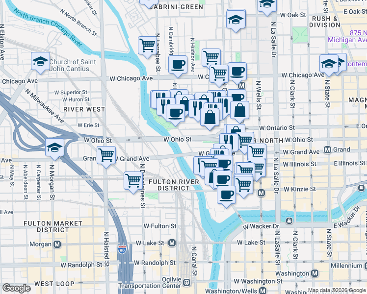 map of restaurants, bars, coffee shops, grocery stores, and more near 550 North Kingsbury Street in Chicago