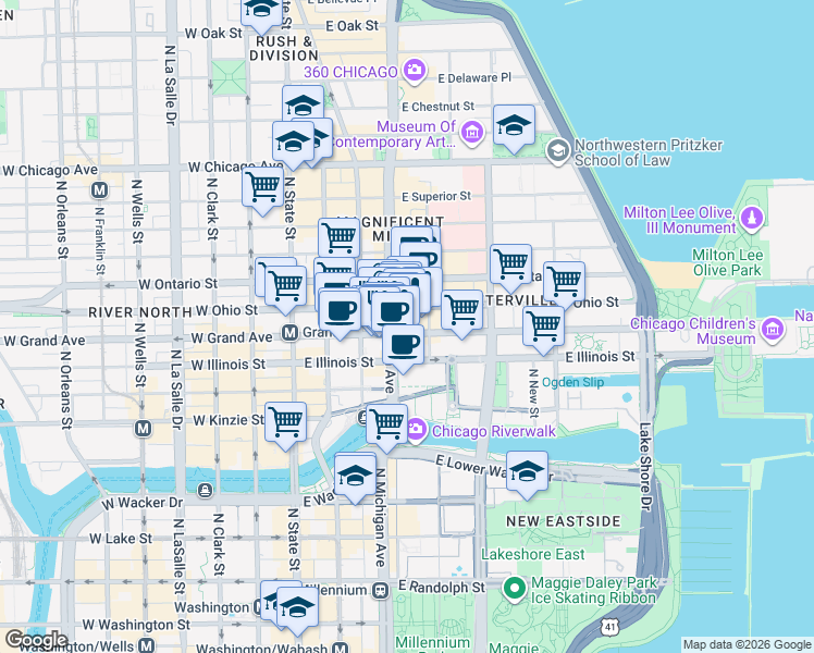 map of restaurants, bars, coffee shops, grocery stores, and more near 535 North Michigan Avenue in Chicago