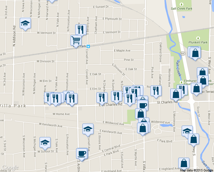 map of restaurants, bars, coffee shops, grocery stores, and more near 105 North Charles Avenue in Villa Park