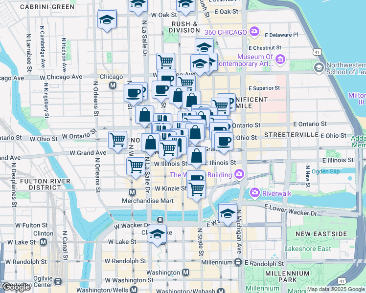 map of restaurants, bars, coffee shops, grocery stores, and more near 539 North Dearborn Street in Chicago