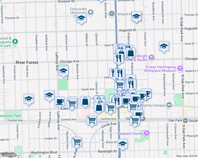 map of restaurants, bars, coffee shops, grocery stores, and more near 633 Clinton Place in River Forest