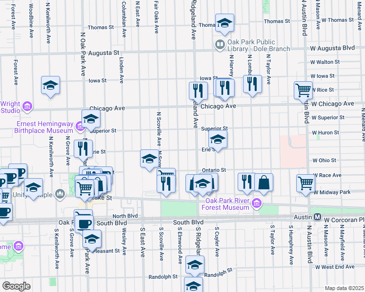 map of restaurants, bars, coffee shops, grocery stores, and more near 304 North Elmwood Avenue in Oak Park