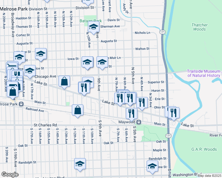 map of restaurants, bars, coffee shops, grocery stores, and more near 507 North 8th Avenue in Maywood