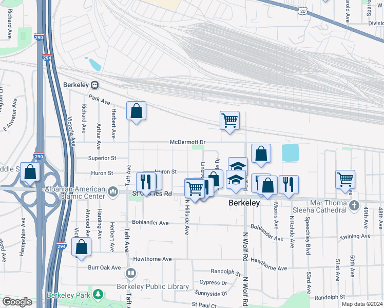 map of restaurants, bars, coffee shops, grocery stores, and more near 1217 North Hillside Avenue in Berkeley