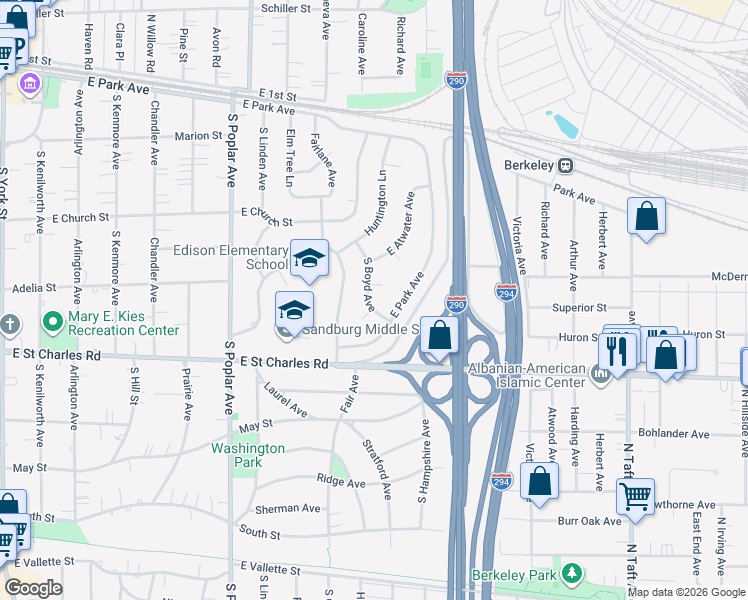 map of restaurants, bars, coffee shops, grocery stores, and more near 285 South Boyd Avenue in Elmhurst
