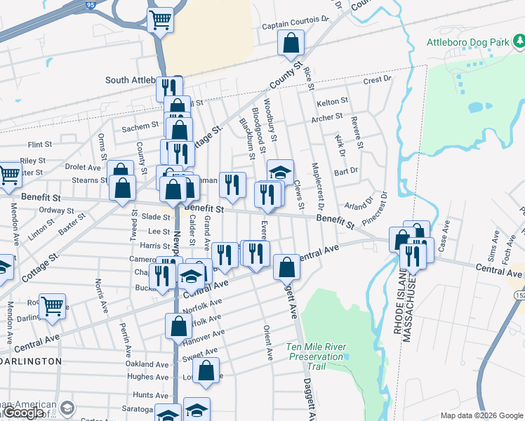 map of restaurants, bars, coffee shops, grocery stores, and more near 566 Benefit Street in Pawtucket