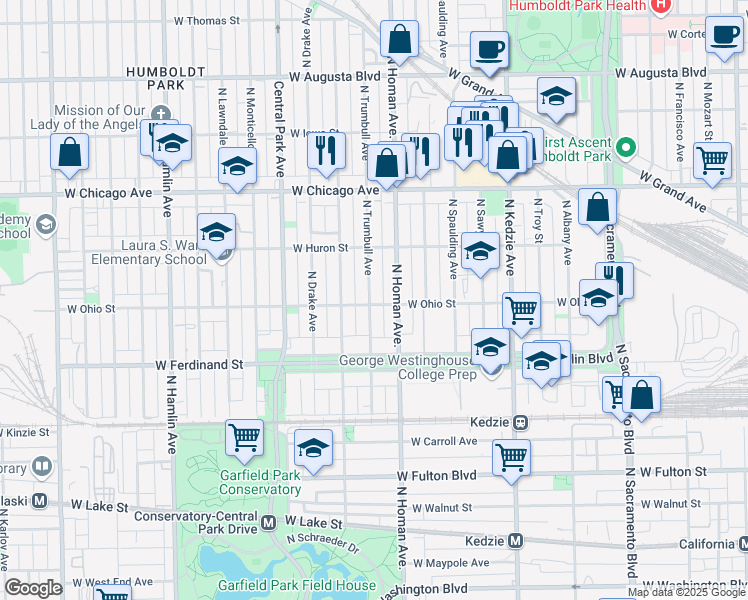 map of restaurants, bars, coffee shops, grocery stores, and more near 3424 West Ohio Street in Chicago