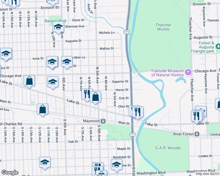 map of restaurants, bars, coffee shops, grocery stores, and more near 503 North 4th Avenue in Maywood