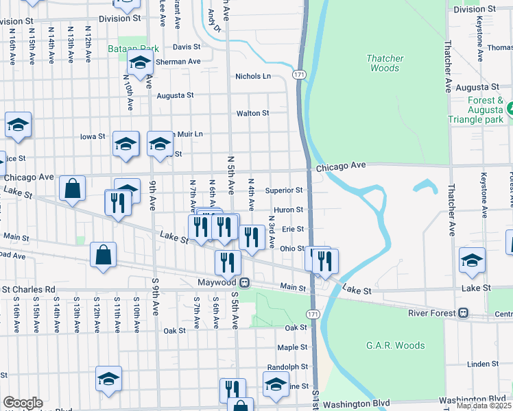 map of restaurants, bars, coffee shops, grocery stores, and more near 503 North 4th Avenue in Maywood