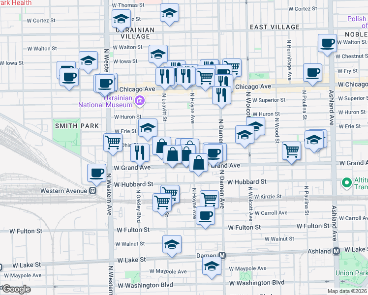 map of restaurants, bars, coffee shops, grocery stores, and more near 2101 West Ohio Street in Chicago