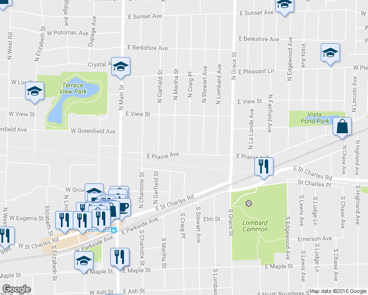 map of restaurants, bars, coffee shops, grocery stores, and more near 208 North Craig Place in Lombard