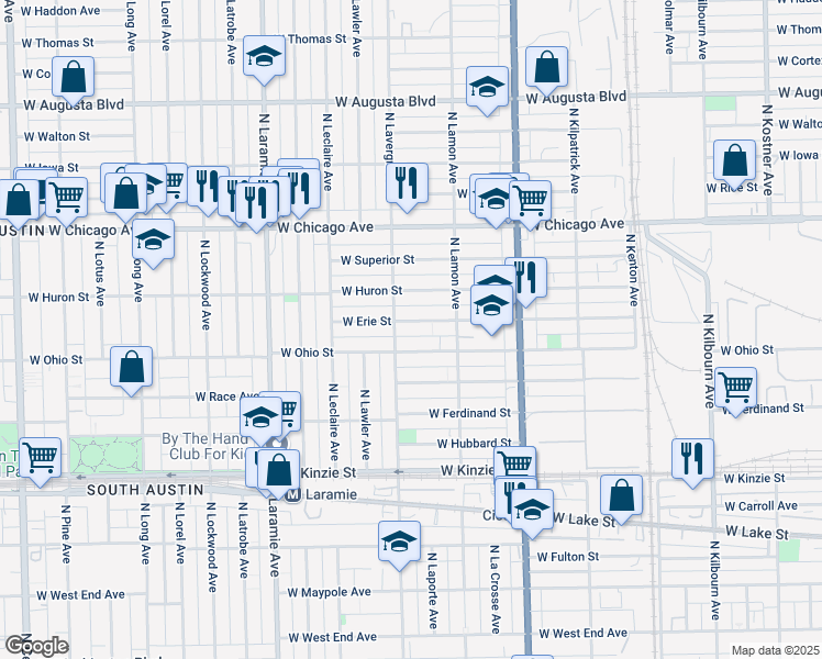 map of restaurants, bars, coffee shops, grocery stores, and more near 4945 West Erie Street in Chicago