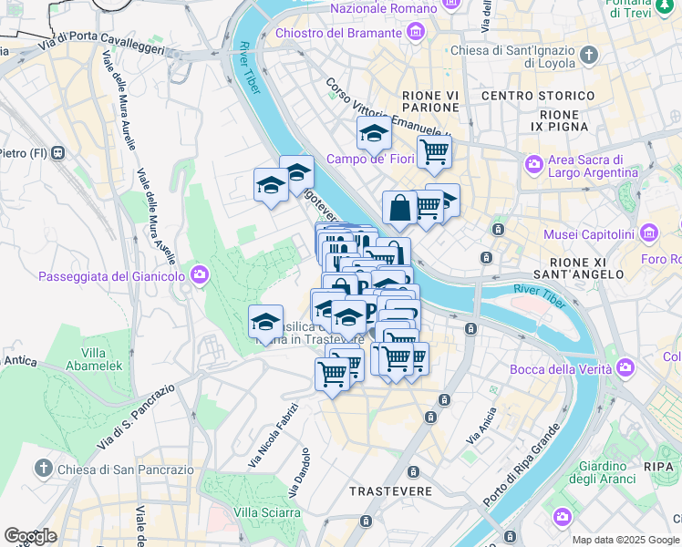 map of restaurants, bars, coffee shops, grocery stores, and more near 13 Via di Santa Dorotea in Roma