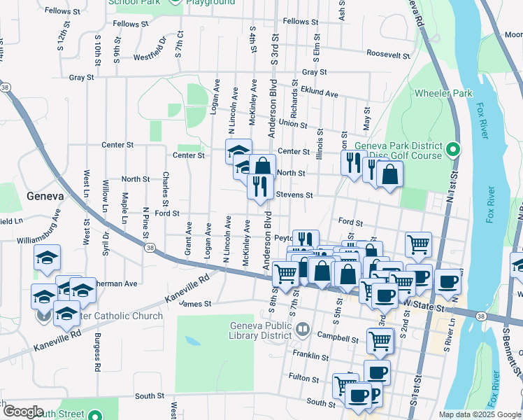 map of restaurants, bars, coffee shops, grocery stores, and more near 308 Anderson Boulevard in Geneva