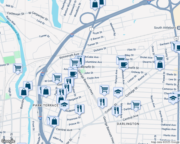 map of restaurants, bars, coffee shops, grocery stores, and more near 60 John Street in Pawtucket