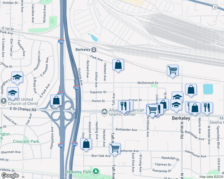 map of restaurants, bars, coffee shops, grocery stores, and more near 5804 Superior Street in Berkeley