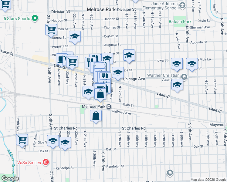 map of restaurants, bars, coffee shops, grocery stores, and more near 131 North 18th Avenue in Melrose Park