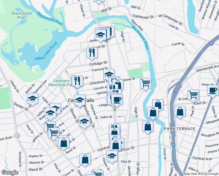 map of restaurants, bars, coffee shops, grocery stores, and more near 14 Lincoln Avenue in Central Falls