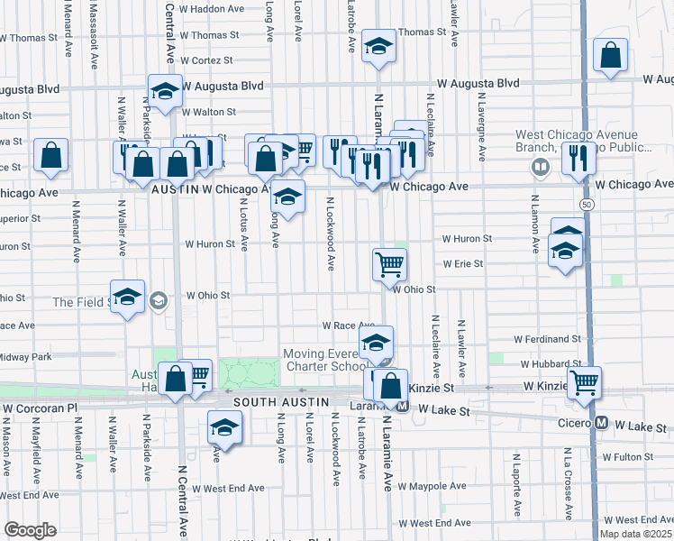 map of restaurants, bars, coffee shops, grocery stores, and more near 627 North Lockwood Avenue in Chicago