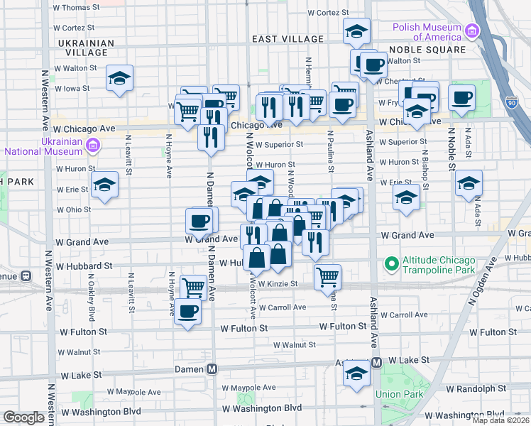 map of restaurants, bars, coffee shops, grocery stores, and more near 1841 West Ohio Street in Chicago