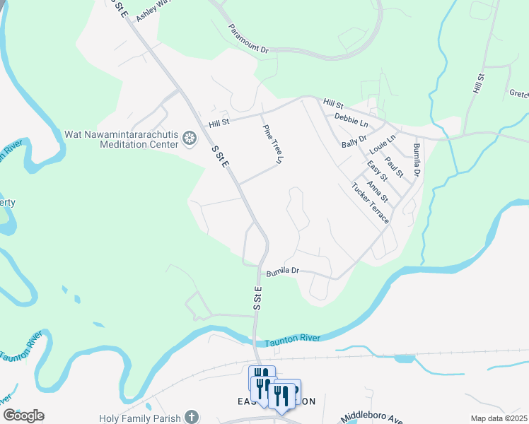 map of restaurants, bars, coffee shops, grocery stores, and more near 221 South Street East in Raynham