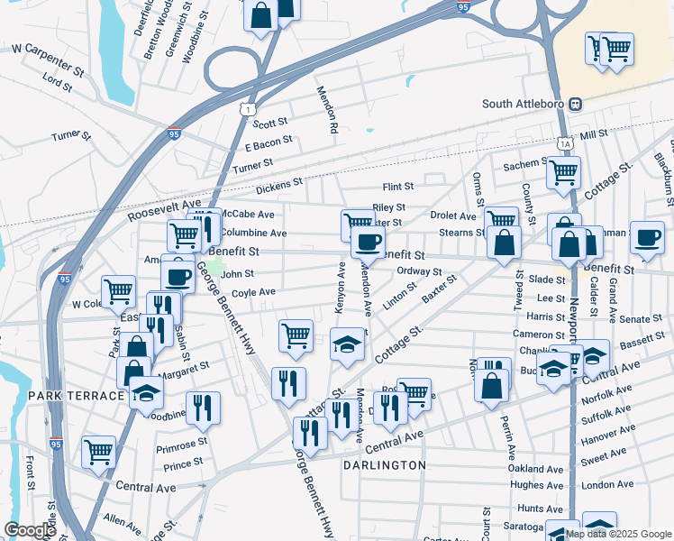 map of restaurants, bars, coffee shops, grocery stores, and more near 216 Kenyon Avenue in Pawtucket