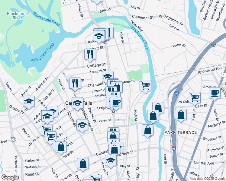 map of restaurants, bars, coffee shops, grocery stores, and more near 14 Lincoln Avenue in Central Falls