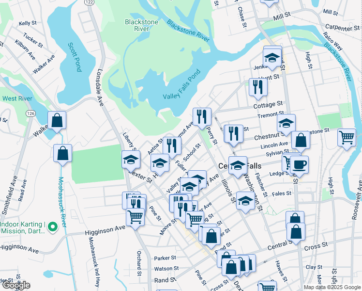 map of restaurants, bars, coffee shops, grocery stores, and more near 473 Hunt Street in Central Falls