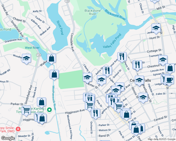 map of restaurants, bars, coffee shops, grocery stores, and more near 99 Liberty Street in Central Falls