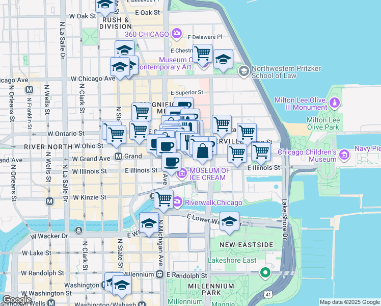 map of restaurants, bars, coffee shops, grocery stores, and more near 535 North Saint Clair Street in Chicago
