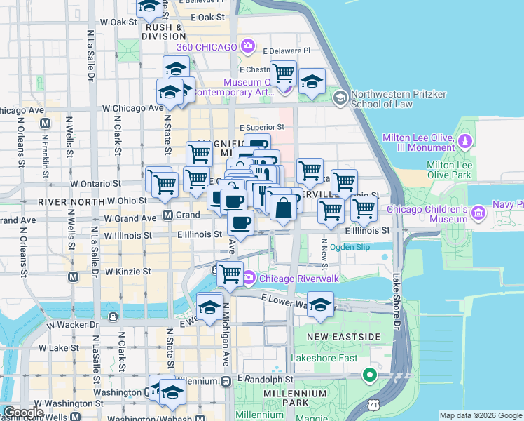 map of restaurants, bars, coffee shops, grocery stores, and more near 535 North Saint Clair Street in Chicago