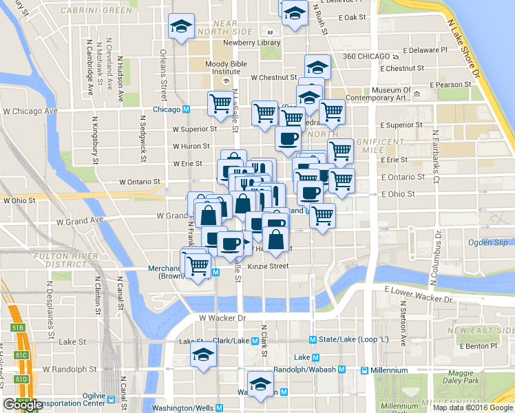map of restaurants, bars, coffee shops, grocery stores, and more near 536 North Clark Street in Chicago