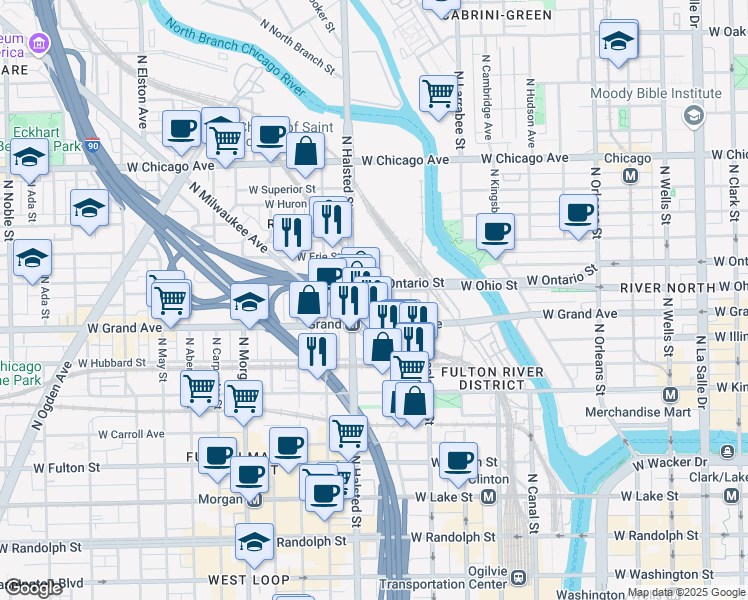 map of restaurants, bars, coffee shops, grocery stores, and more near 717 West Ohio Street in Chicago