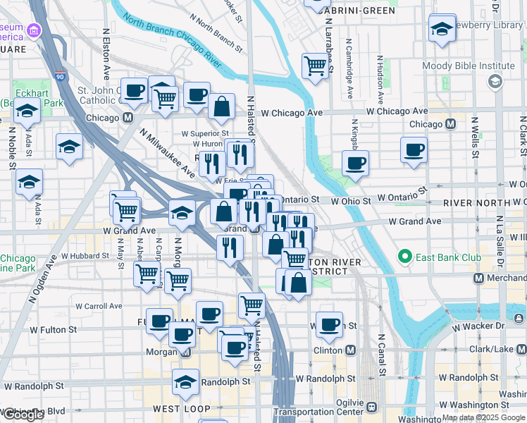 map of restaurants, bars, coffee shops, grocery stores, and more near 717 West Ohio Street in Chicago