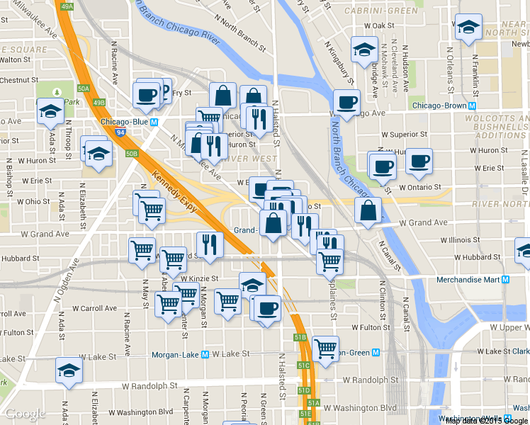 map of restaurants, bars, coffee shops, grocery stores, and more near 520 North Halsted Street in Chicago